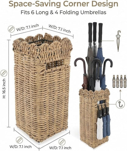 AceList Woven Umbrella Holder for Entryway, Rattan Umbrella Stand for Indoor Foyer with Removable Drip Tray, Scalloped Cane Holder Basket for Walking Sticks & Front Door, Farmhouse Decor, 16.5" Tall