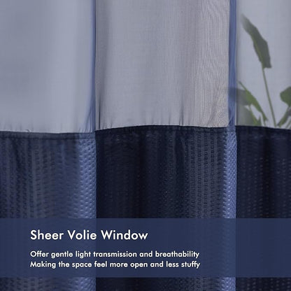 Mrs Awesome No Hook Shower Curtain with Snap-in Liner, Embossed Waffle Design Fabric Shower Curtain for Bathroom, Soft & Lightweight, 71x74, Navy Blue