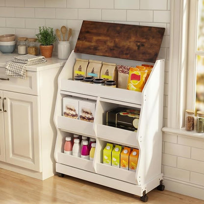 ARTETHYS Potato and Onion Storage Bin with Wheels, 3 Tier Bread Container with Lid, Ventilated Vegetable Organization Cabinet for Kitchen