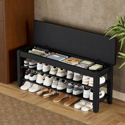 Shoe Rack Bench with Flip-Top Storage, Solid Wood Entryway Bench with Cushion, Adjustable Shelf, for Hallway, Mudroom, Closet – Black, 39.4"