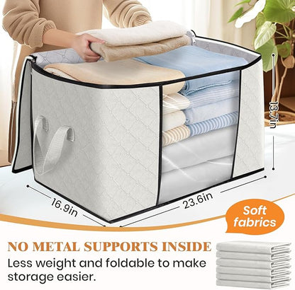 Fab totes 24 Gallons Clothes Storage, Foldable Thick Fabric Blanket Storage Bags, Containers for Organizing Bedroom, Closet, Clothing, Comforter, Organization with Handle (10 Pack,Ivory)