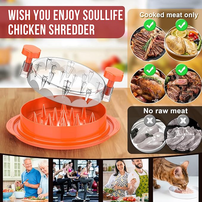 SoulLife Chicken Shredder Tool Twist 8 Inches, BPA free, Dishwasher safe, Meat Shredder, with Clear Lid, Ergonomic Handle, Strong Anti-slip, Easy To Clean, Suitable for Pork Beef Chicken (Orange)