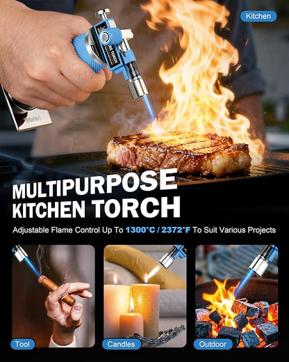 RAVS DUAL Flame Mode Butane Torch, Refillable Kitchen Torch Lighter for Creme Brulee, BBQ, DIY Soldering with Adjustable Flame & Safety Buckle, Metal Body, Blue Soldering Torch, Butane is Not Included