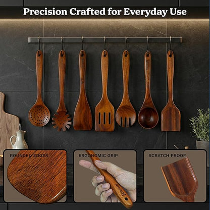 Wooden Spoons for Cooking – 7-Piece Acacia Wood Kitchen Utensil Set, Wooden Spurtles & Paddle Tools, Nonstick Safe Cooking Utensils Set Wood for Everyday Kitchen Use