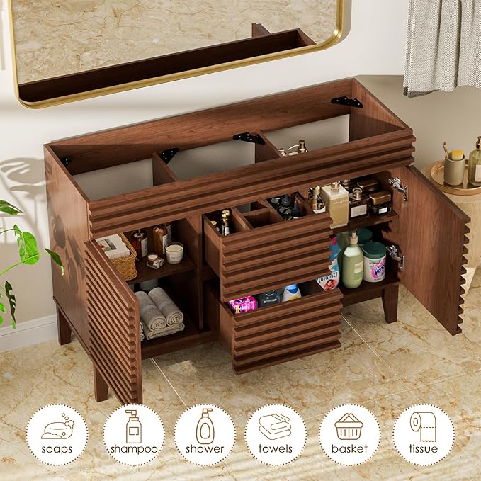 ROOMTEC 48" Bathroom Vanity, Mid-Century Freestanding Bathroom Cabinet Vanity with Storage, Particleboard Frame with Wood Grain Laminate, Walnut (Sink Basin Not Included)