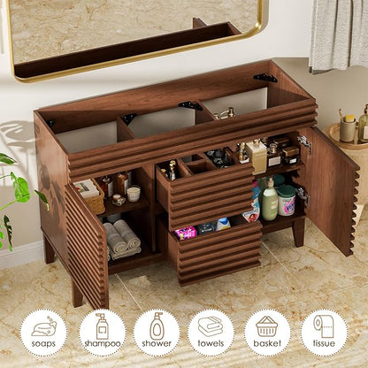 ROOMTEC 48" Bathroom Vanity, Mid-Century Freestanding Bathroom Cabinet Vanity with Storage, Particleboard Frame with Wood Grain Laminate, Walnut (Sink Basin Not Included)