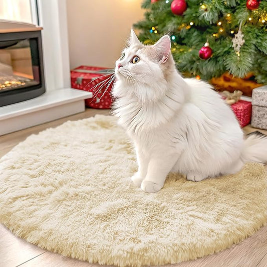 OLANLY Cream Round Rugs for Bedroom - Machine Washable, 2 ft Circle Area Rugs for Living Room, Soft and Fluffy Shaggy Carpet for Teen Girl and Boys, Nursery Rooms, Dorms, Home Decor Aesthetic