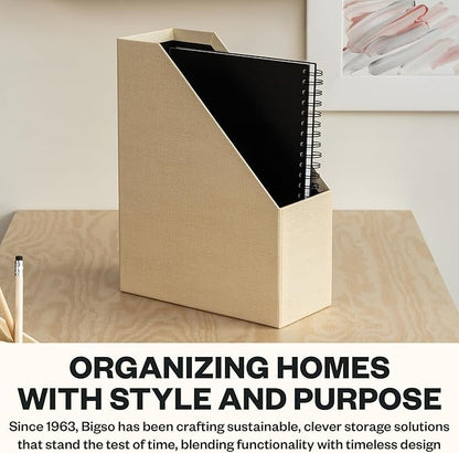Bigso Estelle Magazine File - Magazine Holder and Organizer for Papers and Catalogs with Leather Handle - Magazine File Holder for Office Desks - 12.6 in x 4.5 in x 9.8 in - Cream