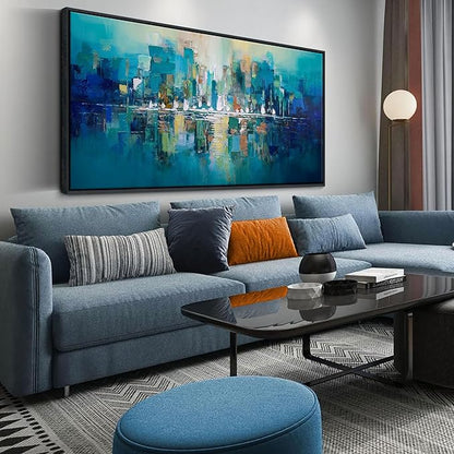 YDYSUNE Teal and White Abstract City Wall Art - Large Framed Canvas Painting, Contemporary Modern Wall Decor Picture & Artwork for Living Room, Office, Bedroom, Ready to Hang Size 29x58 Inch