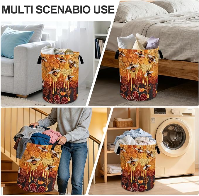 Bee Laundry Basket Waterproof Laundry Hamper Foldable Laundry Bag with Handles for Bedroom, Bathroom, Office, Clothes Storage