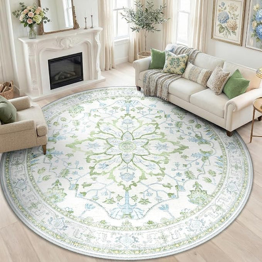 RELEANY Area Rugs Round 8ft Washable Non-Slip, Floral Vintage Distress Medallion Carpet for Living Room Bedroom Dining Room, Green White Blue