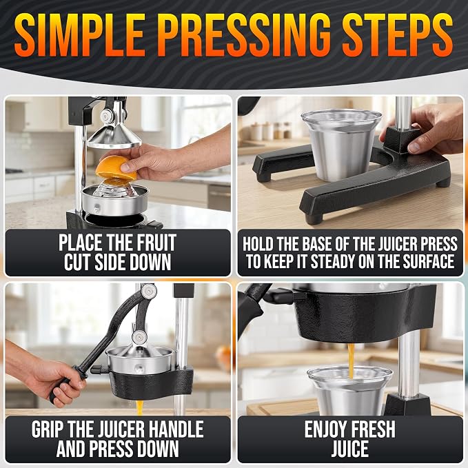 Cast Iron Juicer Hand Press, Heavy-Duty Squeezer – One Pull Extracts Full Juice with No Electricity – Manual Citrus Press Juicer & Orange Squeezer for Lemon, Lime, and Lemonade at Home or Bar (Black)