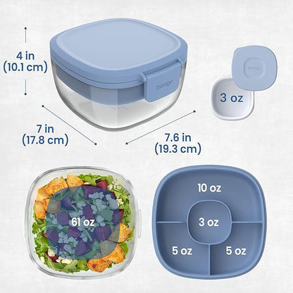 Bentgo Glass Salad Container - 7.6-Cup Salad Bowl with Airtight Lid, Leak-Proof Sauce Container, 4-Compartment Bento Tray & Reusable Fork - BPA-Free for Meal Prep, Office & More (Light Blue)