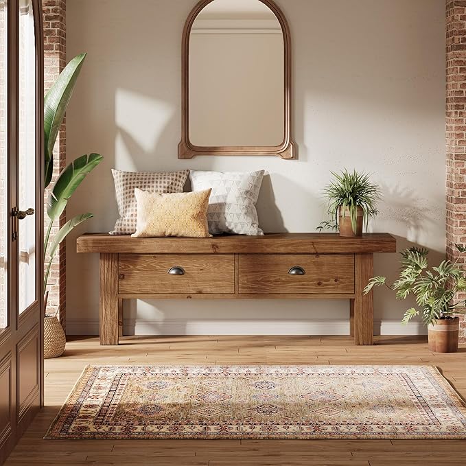 55" Solid Wood Entryway Bench with 2 Drawers, Farmhouse Long Bench End of Bed Stool with Open Storage Shelves for Hallway, Mudroom, Bedroom, Dark Brown