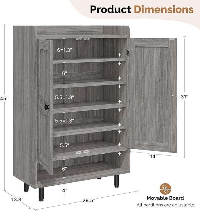 Farmhouse Shoe Cabinet with Doors, 6-Tier Wooden Shoe Organizer with Adjustable Shelves, Entryway Storage Cabinet with Metal Legs, Rustic Shoe Storage for Entryway or Living Room (Grey)
