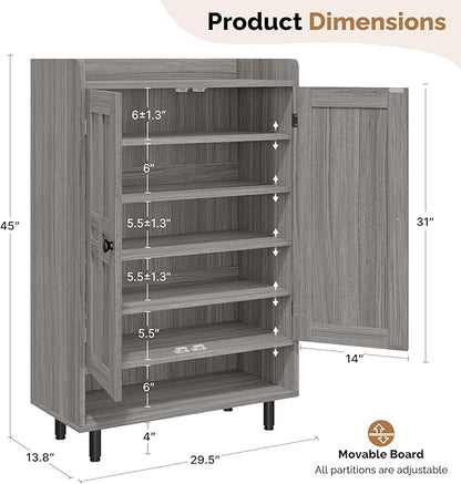 Farmhouse Shoe Cabinet with Doors, 6-Tier Wooden Shoe Organizer with Adjustable Shelves, Entryway Storage Cabinet with Metal Legs, Rustic Shoe Storage for Entryway or Living Room (Grey)