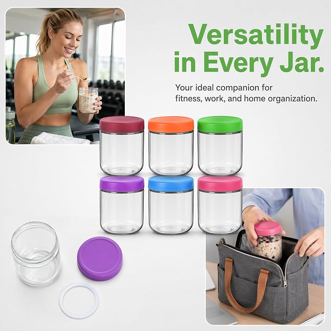 EONJOE 16oz Glass Jars for Overnight Oats Snacks Salad Yogurt Pudding Cereal Candy Storage Containers Meal Prep Mason jar with Airtight lids,6 Pack
