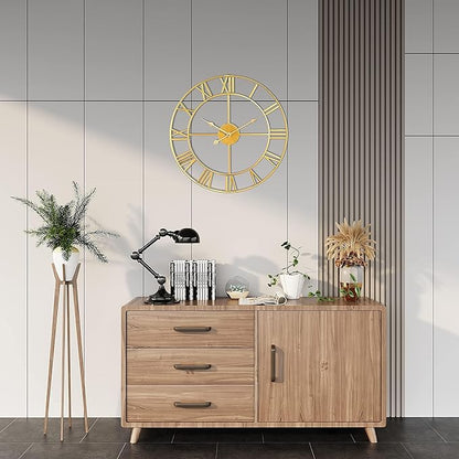 Vintage Retro Roman Numerals Metal Gold Large Wall Clock - 24 Inch Silent Non-Ticking Decorative, Battery Operated for Farmhouse, Kitchen, Bedroom