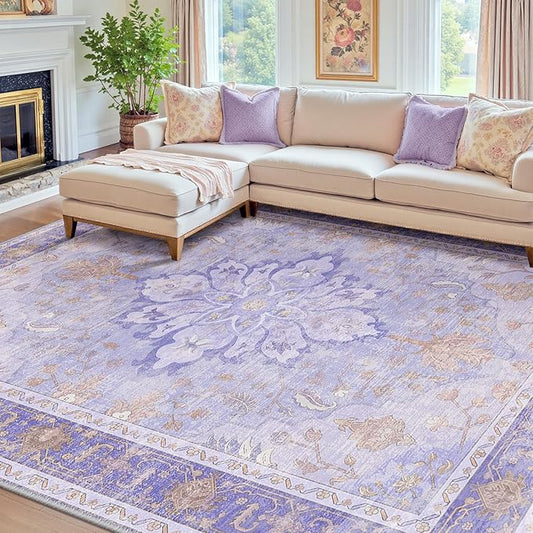 RELEANY Area Rugs 8'x10' Washable Non-Slip, Floral Vintage Distress Medallion Carpet for Living Room Bedroom Dining Room, Light Purple Brown
