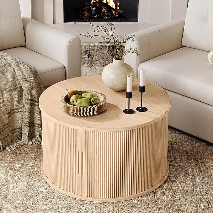 LINSY HOME Round Coffee Table, 31.5" Drum Coffee Table with Sliding Tambour Door, Fluted Accent Center Table with Storage, Mid Century Modern Coffee Table for Living Room, Oak