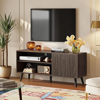 WLIVE TV Stand for 55 Inch TVs, Entertainment Center with Storage Cabinet, Mid-Century Modern TV Stands for Living Room, Media TV Console, Dark Walnut