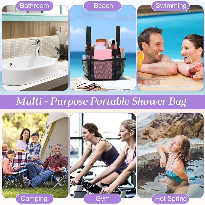 Hillban 4 Pcs Mesh Shower Caddy Portable Shower Caddy for Dorm Beach Mesh Bags with Deeper 8 Pockets and Handles Showers Caddies Basket for Women College Room Vacation(Blue, Purple, Black, Gray)