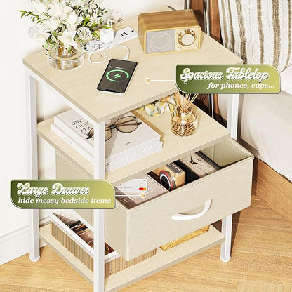 SUPERJARE Nightstand with Charging Station, Bed Side Table with Adjustable Fabric Drawer, Night Stand for Bedroom, 3-Tier Storage End Table, for Living Room, White Maple