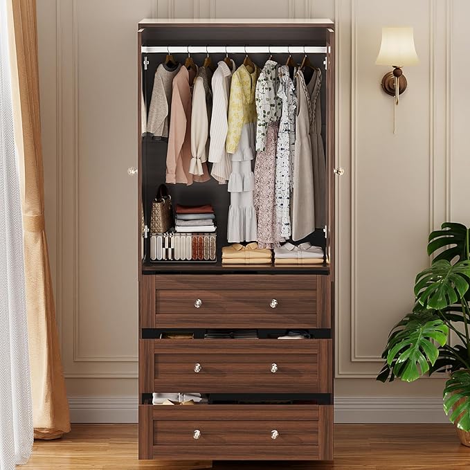 VOWNER Armoire Wardrobe Closet with Drawers and Mirror, 71" Clothing Storage Cabinet with Hanging Rod, 2 Doors Wooden Wardrobe Cabinet for Bedroom, Large Capacity Storage
