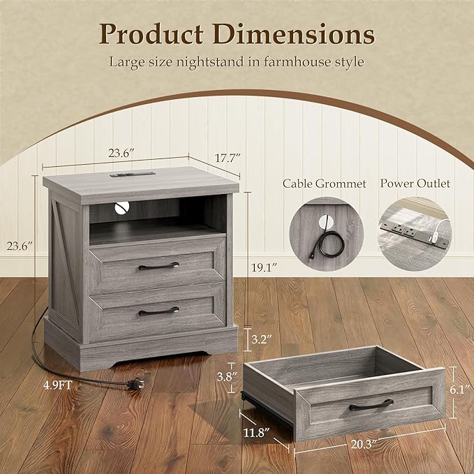 AODK Farmhouse Nightstand with Charging Station, 24 Inch Large Bedside Table with 2 Drawers, Rustic Wood End Table with Outlet and USB for Bedroom, Oak Grey