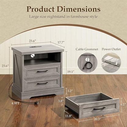 AODK Farmhouse Nightstand with Charging Station, 24 Inch Large Bedside Table with 2 Drawers, Rustic Wood End Table with Outlet and USB for Bedroom, Oak Grey