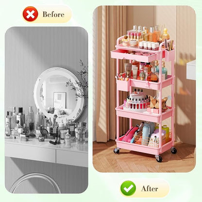 SUNALLY Makeup Cart Organizer with Drawers, 4 Tier Floor Skincare Organizers for Vanity, Rolling Makeup Bathroom Storage Cart Cosmetics Display Cases for Skin Care Perfume Nail Polish, Pink