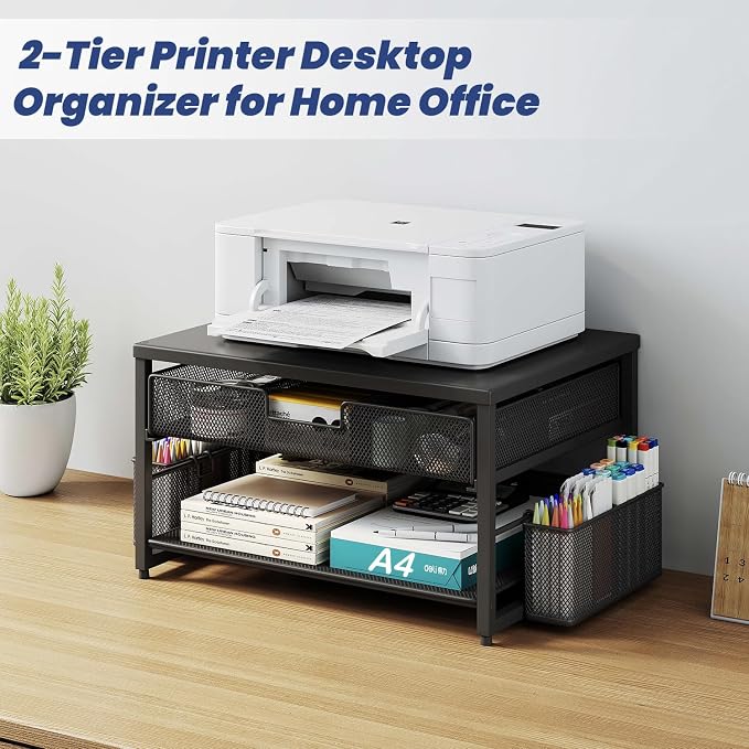 Metal Desktop Printer Stand with Storage Drawer & 2 Pen Holders,2 Tier Home Printer Riser Shelf for Desk with Paper Holder Storage,Multi-Purpose Office Desk Organizer