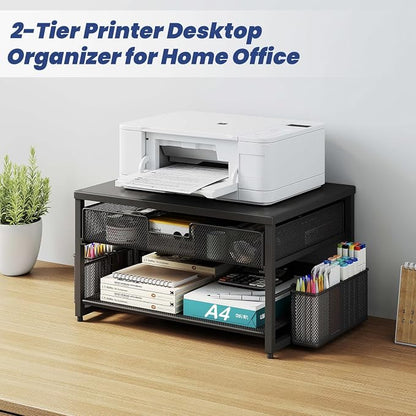 Metal Desktop Printer Stand with Storage Drawer & 2 Pen Holders,2 Tier Home Printer Riser Shelf for Desk with Paper Holder Storage,Multi-Purpose Office Desk Organizer