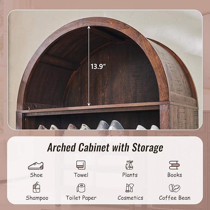 71" Tall Arched Bathroom Storage Cabinet, 7-Tier Modern Farmhouse Storage Cabinet with Adjustable Shelves, Wood Freestanding Cabinet for Bathroom, Living Room, Entryway, Hallway-Brown