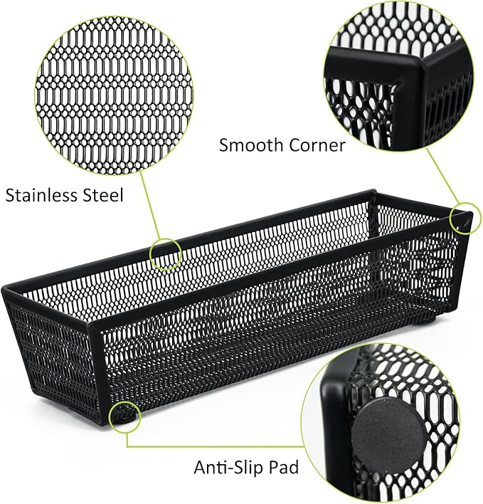 Neudeco Drawer Organizer Set, Black Mesh, 5 Pack | 4-Compartment Silverware Organizer Tray, 4 Utensil Trays, For Flatware, Cutlery, Office Supplies, Non-Slip