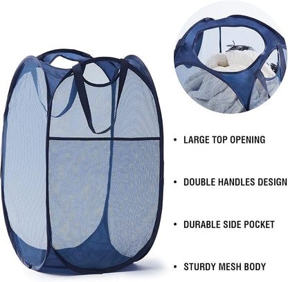 TECHMILLY Upgraded 105L Collapsible Mesh Pop Up Laundry Hamper with Sturdy Handles and Side Pocket - Portable Foldable Clothes Baskets for Dorm, Bathroom & Travel Storage (Blue Plus)