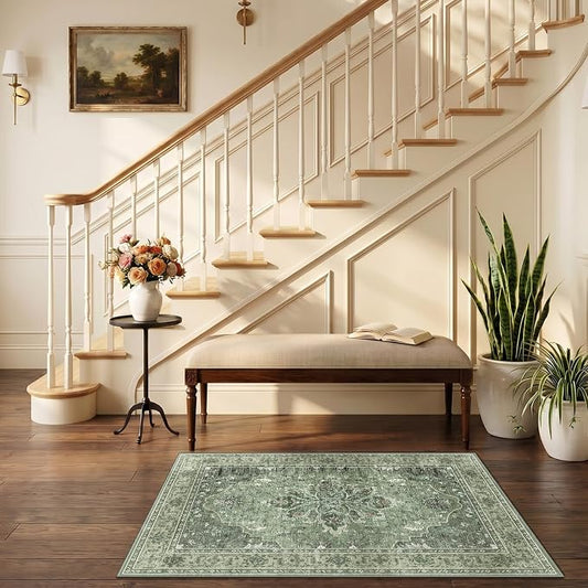 RELEANY Area Rugs Small 2'6"x4' Washable Non-Slip, Floral Vintage Distress Medallion Carpet for Kitchen Entryway Bathroom, Dark Green Gray