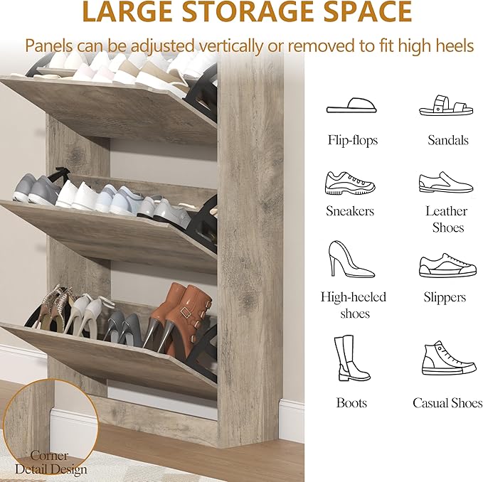 Tall Shoe Cabinet with Coat Rack, Hidden Shoe Storage Cabinet with Doors & Drawer, Hanging Bar & Hooks, Slim Narrow Freestanding Shoe Rack Organizer for Entryway, Hallway & Living Room, Grey