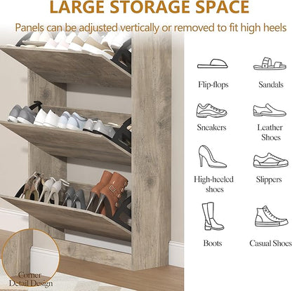 Tall Shoe Cabinet with Coat Rack, Hidden Shoe Storage Cabinet with Doors & Drawer, Hanging Bar & Hooks, Slim Narrow Freestanding Shoe Rack Organizer for Entryway, Hallway & Living Room, Grey