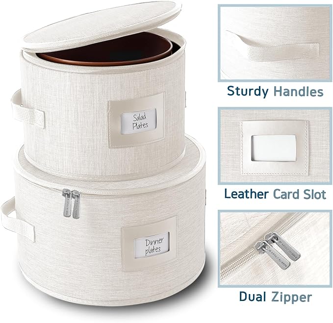 Fine China Storage Containers, 5 Piece Quilted Dish Storage Containers, Mug, Cup, and Plate Dish Organizer with Felt Dividers, Service of 12 Dinnerware Boxes for Moving, Seasonal Organization, Cream