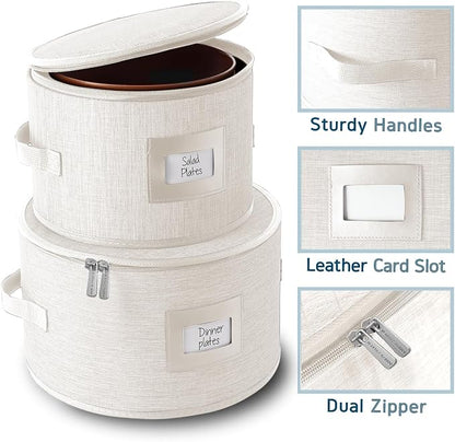 Fine China Storage Containers, 5 Piece Quilted Dish Storage Containers, Mug, Cup, and Plate Dish Organizer with Felt Dividers, Service of 12 Dinnerware Boxes for Moving, Seasonal Organization, Cream