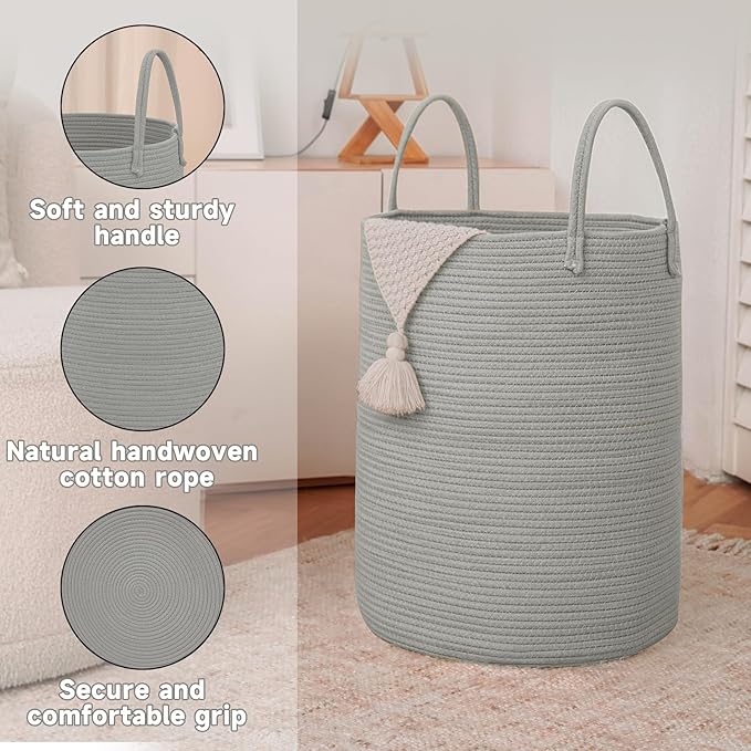 JMvicyroam Large Woven Laundry Basket Hamper,80L Cotton Rope Storage Bin for Blankets,Toys and Clothes,Decorative Tall Nursery Hamper for Living Room,Baby Nursery,Bathroom and Bedroom,Grey