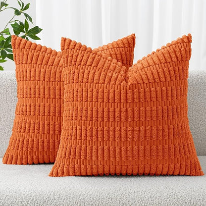 MIULEE Pack of 2 Orange Corduroy Decorative Euro Sham Pillow Covers 22x22 Inch Soft Boho Striped Throw Pillow Covers Modern Farmhouse Home Decor for Summer Sofa Living Room Couch Bed