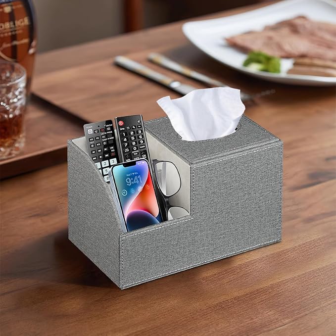 Square Multi-Functional Tissue Box Cover with Storage and Remote Control Holder - Cube Tissue Box Organizer for Bathroom, Nightstand, End Table