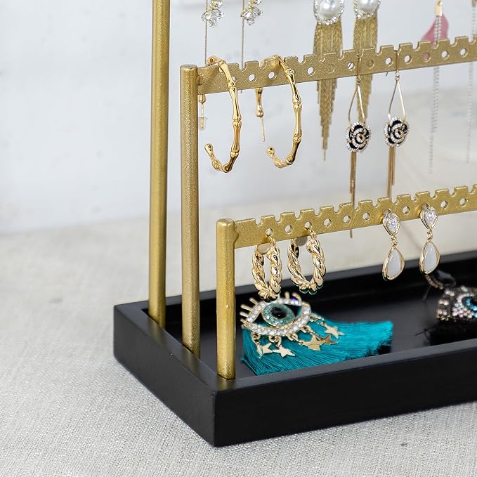 SANY DAYO HOME 3-Tier Earring Holder Organizer Stand, 105 Holes Gold Metal Earring Rack Jewelry Display Tree with Black Wood Tray for Women and Girls