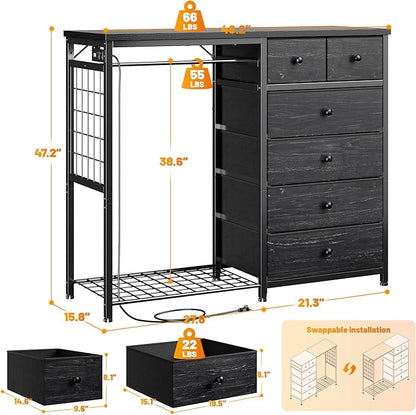 EnHomee 49.2" W Dresser for Bedroom with Hanging Rack 6 Drawers Dresser with LED Lights & Charging Station, Fabric Dressers & Chest of Drawers with 4 Hooks, Wooden Top, Grid Panel, Black