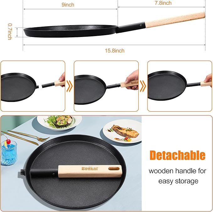 Frying Pan Skillet 8-inch Flat Griddle Pan, Lightweight Small Grill Pan with Wooden Handle for Camping Indoor Outdoor Cooking
