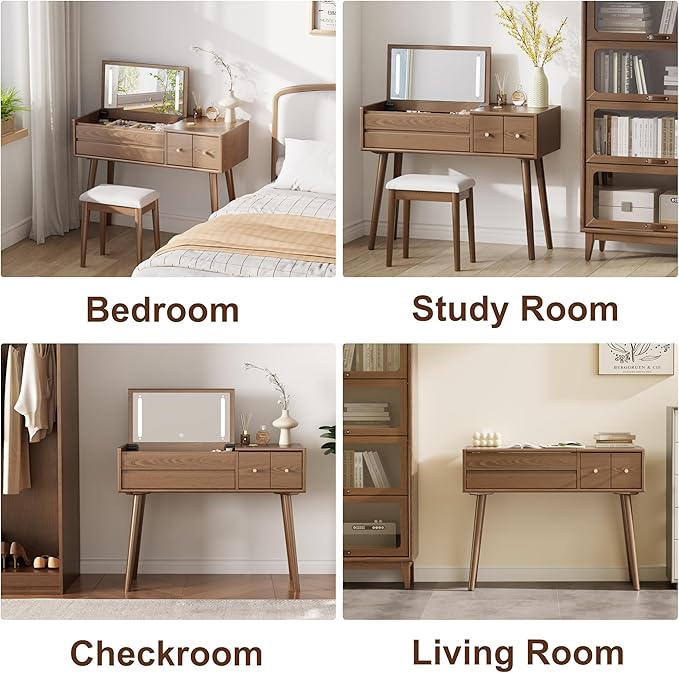 Wood Vanity Desk with Mirror and Lights, Dressing Vanity Table Vanity Set 4 Drawers, 40 Inch Large Make Up Vanity Table Wooden with 3 Lighting Modes for Bedroom Walnut(with Adapter)