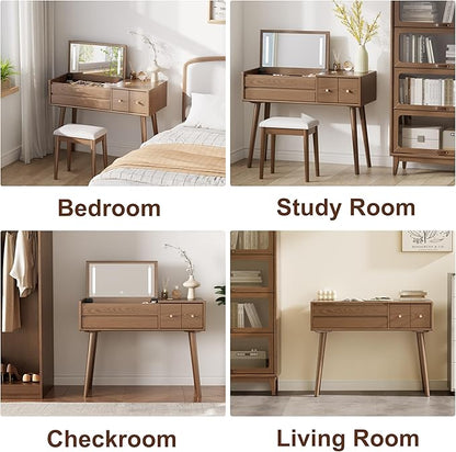 Wood Vanity Desk with Mirror and Lights, Dressing Vanity Table Vanity Set 4 Drawers, 40 Inch Large Make Up Vanity Table Wooden with 3 Lighting Modes for Bedroom Walnut(with Adapter)