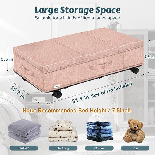 Supowin Under Bed Storage with Wheels, Rolling Underbed Storage Containers with Lids, Under Bed Shoe Storage Bins Organizer with Reinforced Metal Bottom Support and Three Handles